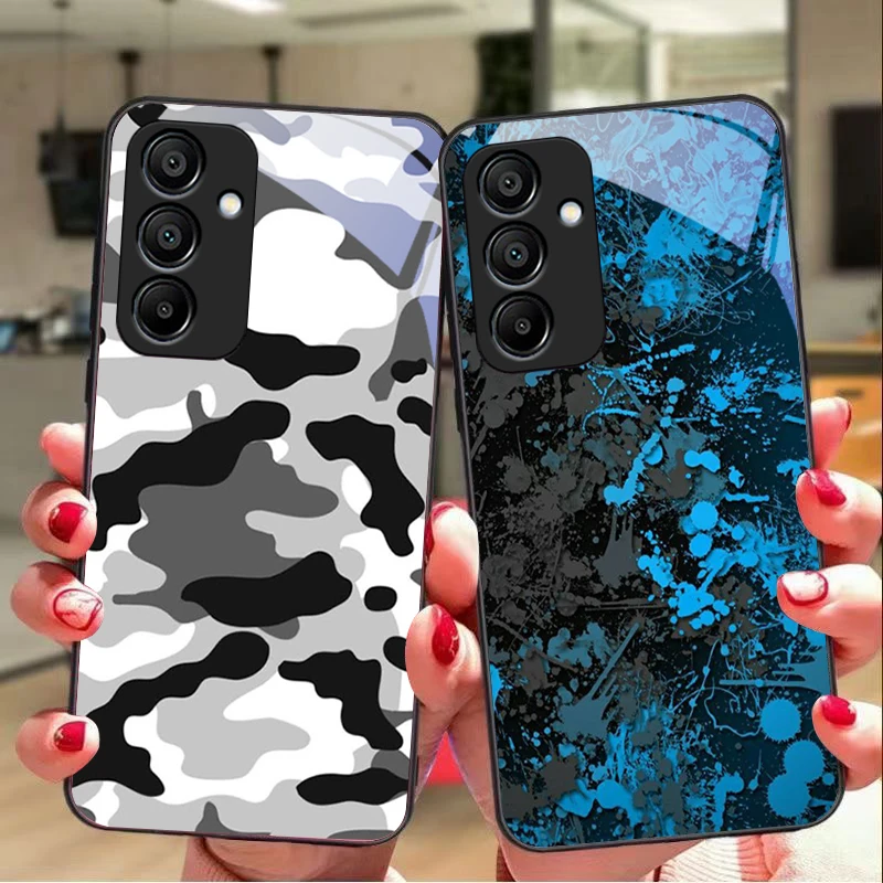 Camouflage Blue Black Tempered Glass Phone Case
