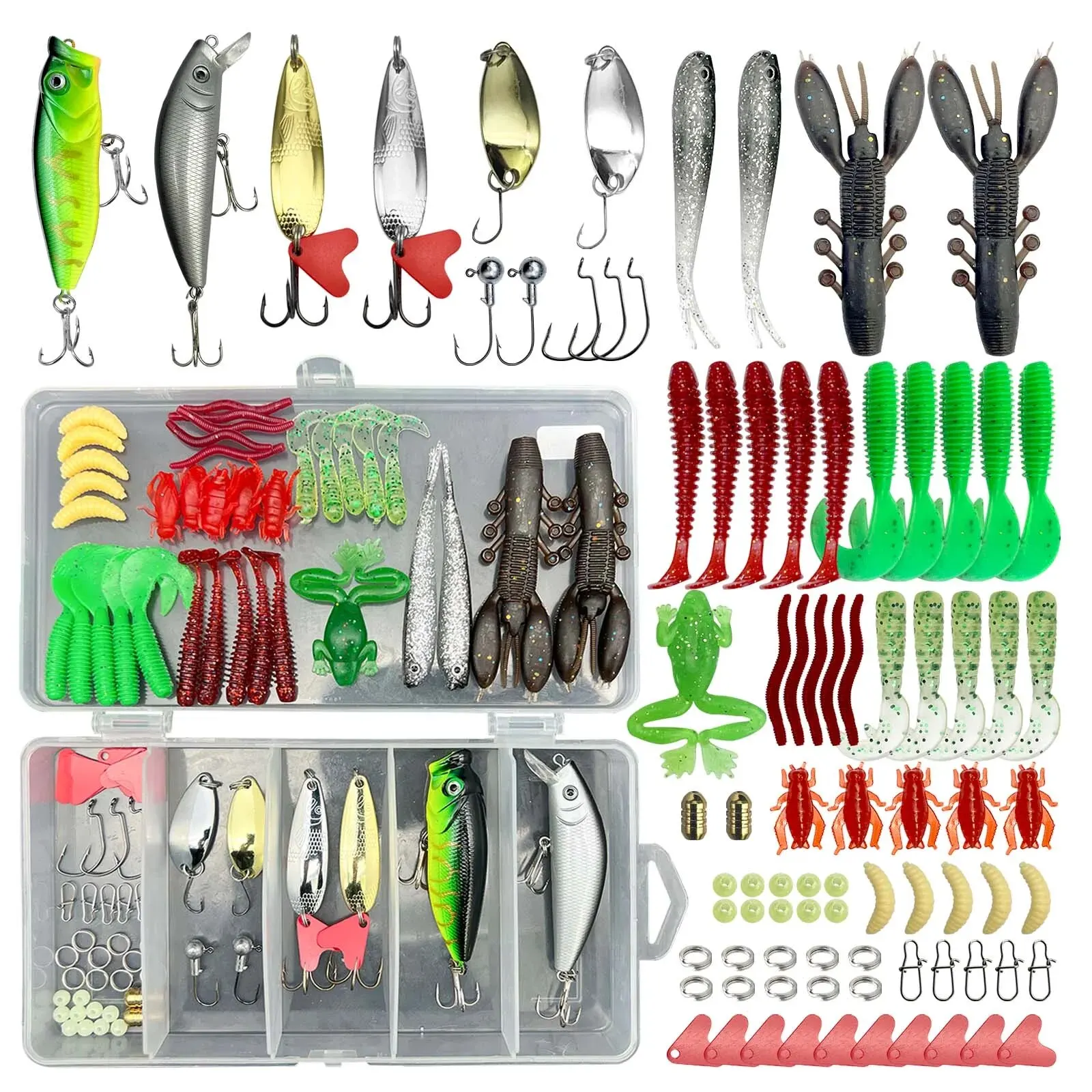 Kit de 84/107 leurres pêche mixte - Ensemble appâts souples et durs pour brochet perche black bass