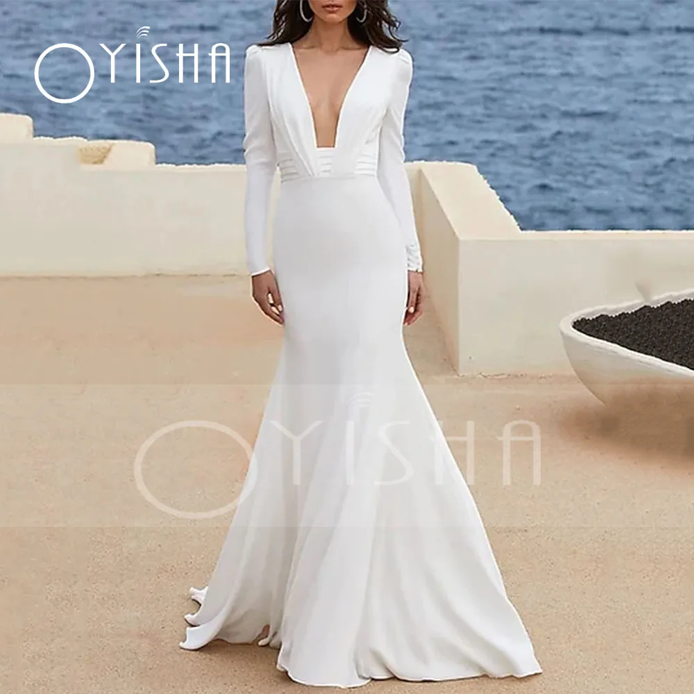 OYISHA-화이트 웨딩 드레스, 인어 긴 소매 섹시한 깊은 v 넥 새틴 백리스 버튼 우아한 신부 가운 가운 드 마리에 적합 2023