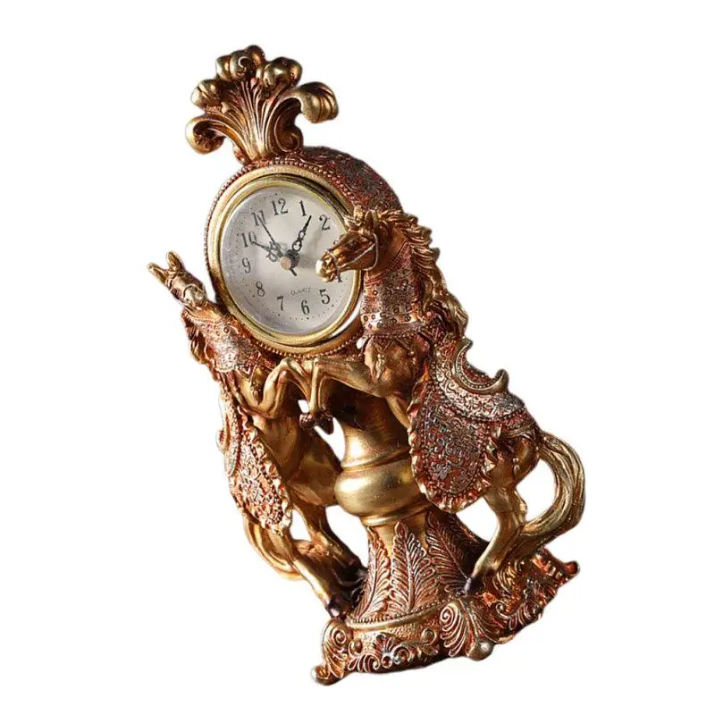 1pc Vintage Dual Horse Clock Adornment European Style Clock Desktop Clock Decoration Home Clock Ornament