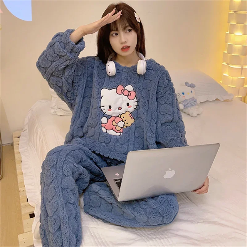 Hello Kitty Pajamas Sanrio Anime Female Thickening Coral Fleece Outerwear Warm Suit