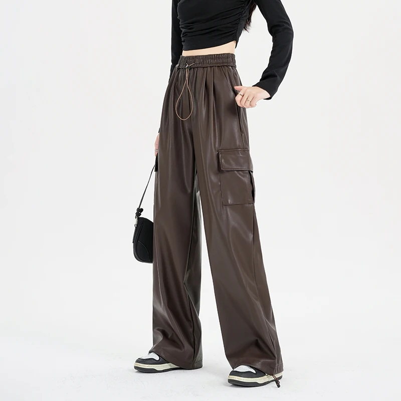 

Bonnie thea Autumn and Winter PU Leather Cargo Pants Women's Loose Relaxed Retro Tie Feet Sports Wide Leg Pants Y2K