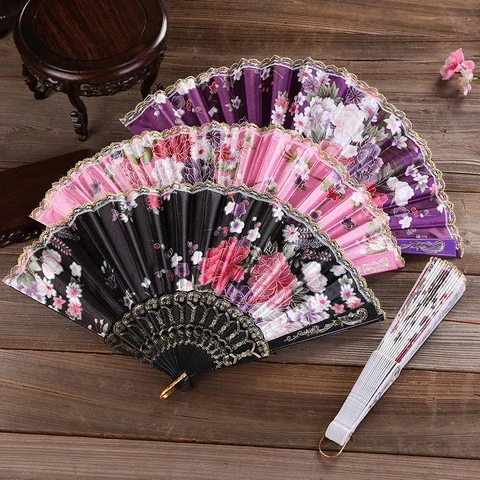 

Chinese Style Hand Held Folding Dance Fan Wedding Party Lace Silk Folding Hand Held Flower Fan Summer Wedding Fan Party