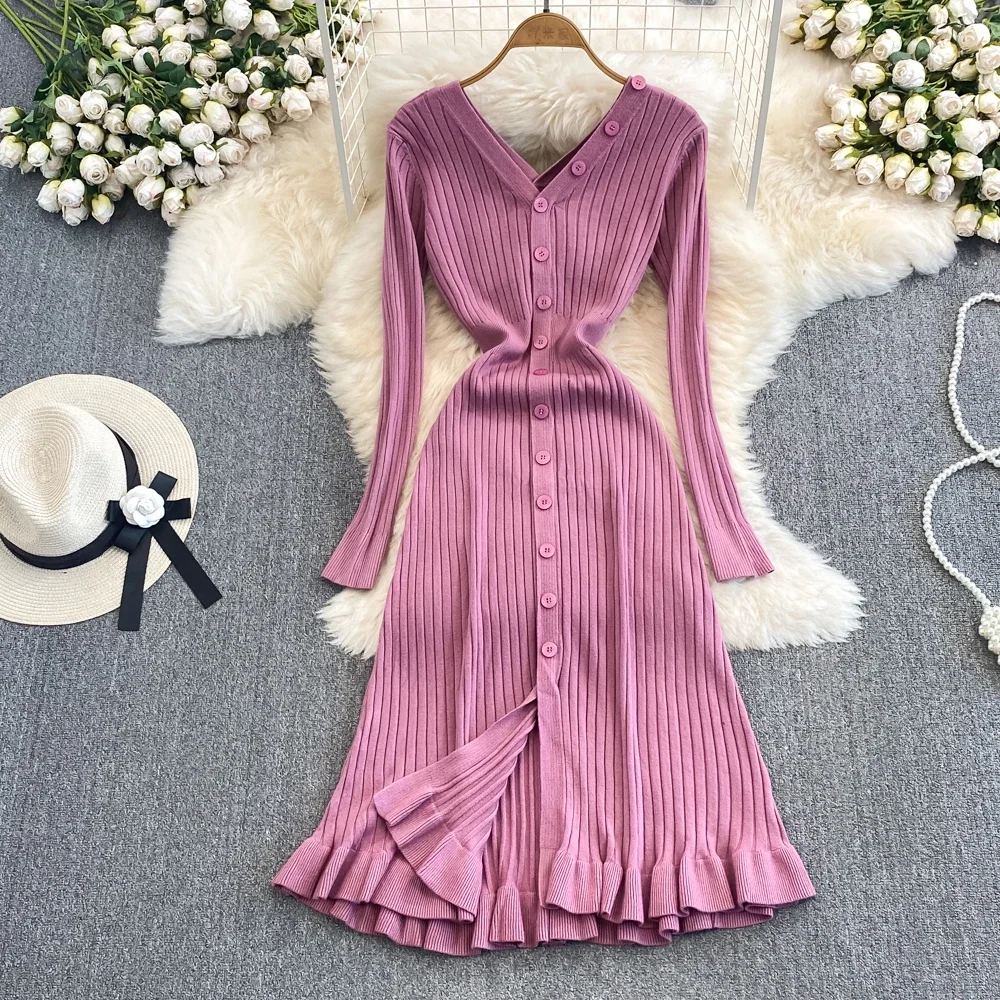 

A Line Elegant Casual Ruffled Women Chic Female Ladies Vestido V Neck Trumpet Mermaid Luxury Button Fashion Solid Party Dress