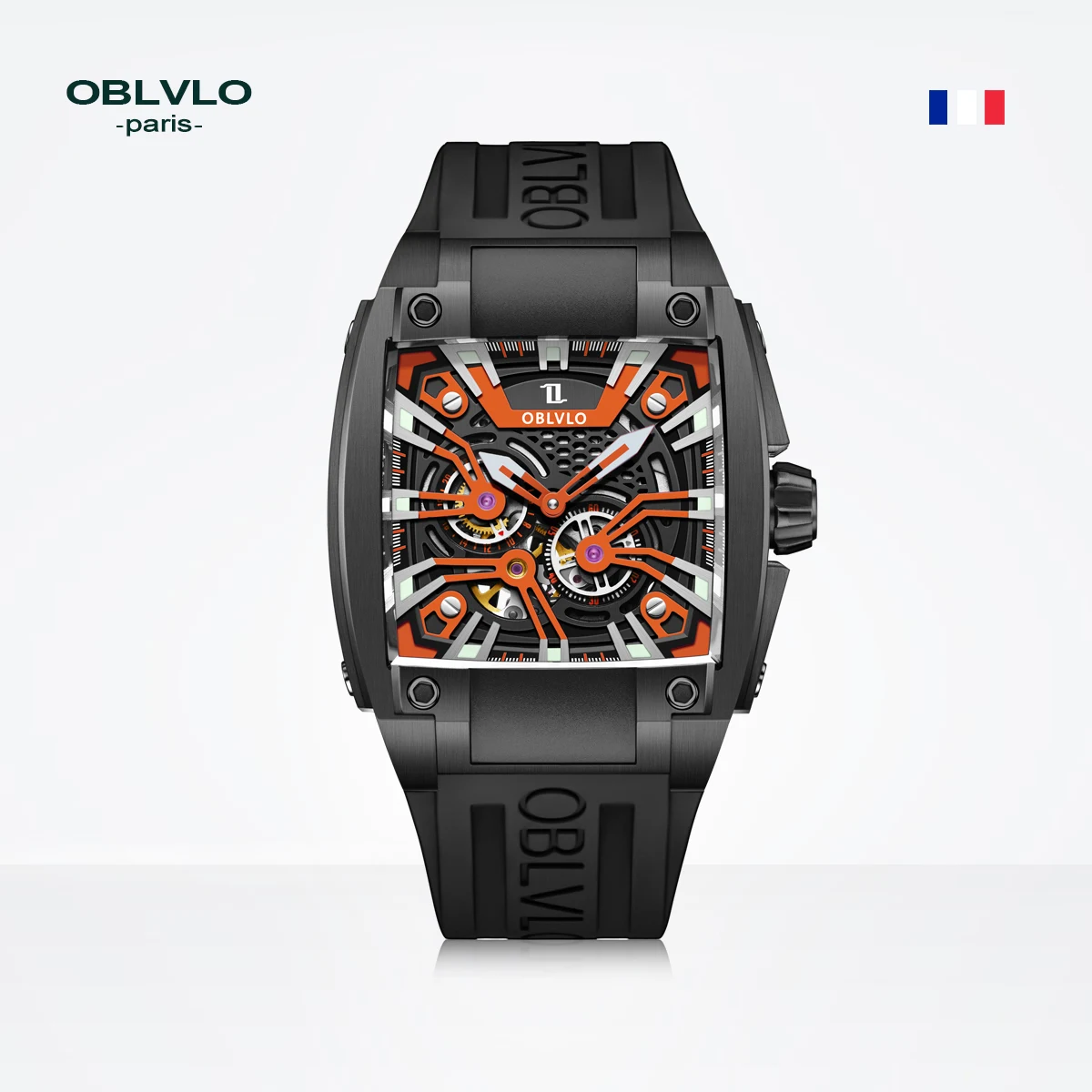 OBLVLO 2022 Luxury Men Automatic Mechanical Watch Super Luminous Skeleton Stainless Steel Bezel Rubber Strap Glass Waterproof GM 