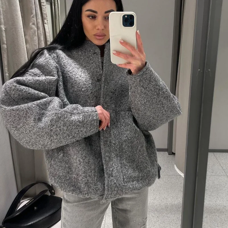 Grey Long Sleeve Coat Lady Warm with Pockets Outwear Jackets 2023 Spring Winter New Women's Jackets with Buttons Bombers