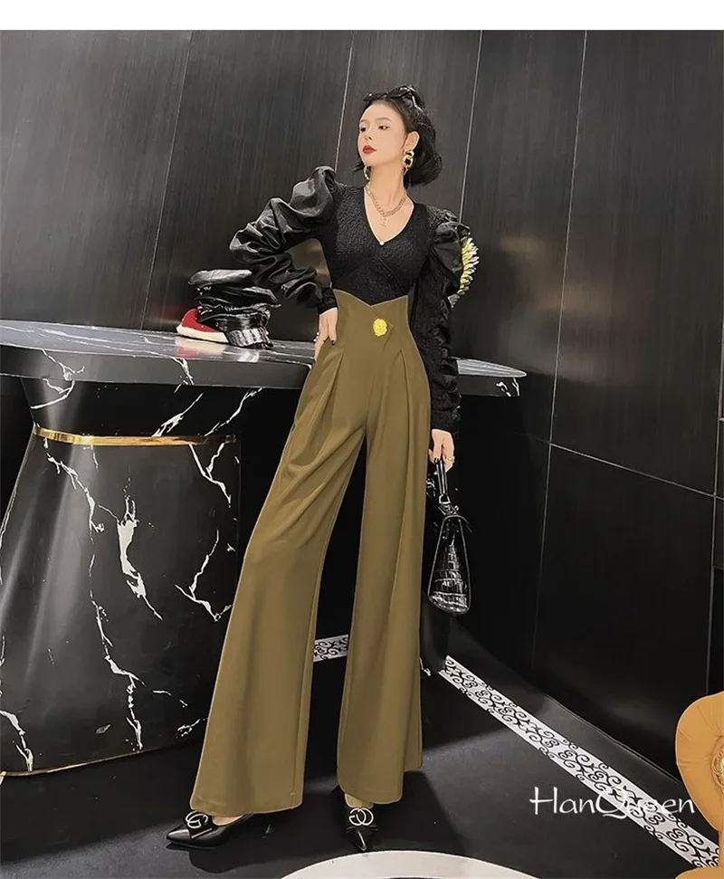 Elegant Office Lady Wide Leg Pants Korean Design Flower Button High Waist Pantalones Baggy Spring Summer Straight Spodnie New