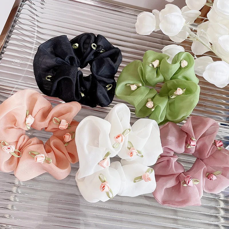 mesh flower telephone line hair rope rubber straight transparent hair ring ponytail holder plastic flower ponytail holder French Romantic Rose Flower Pure Color Elastic Hair Rope Mesh Ring Chiffon Large Intestine Scrunchies For Woman Hair Accessories