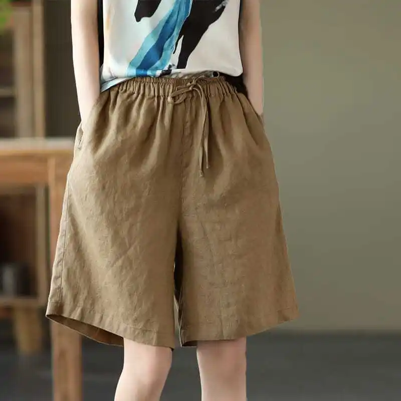 

Women's 100% Cotton Shorts Loose And Slimming Fit Wide Leg Summer Thin High Waist Elastic Band Five Points Casual Beach Shorts