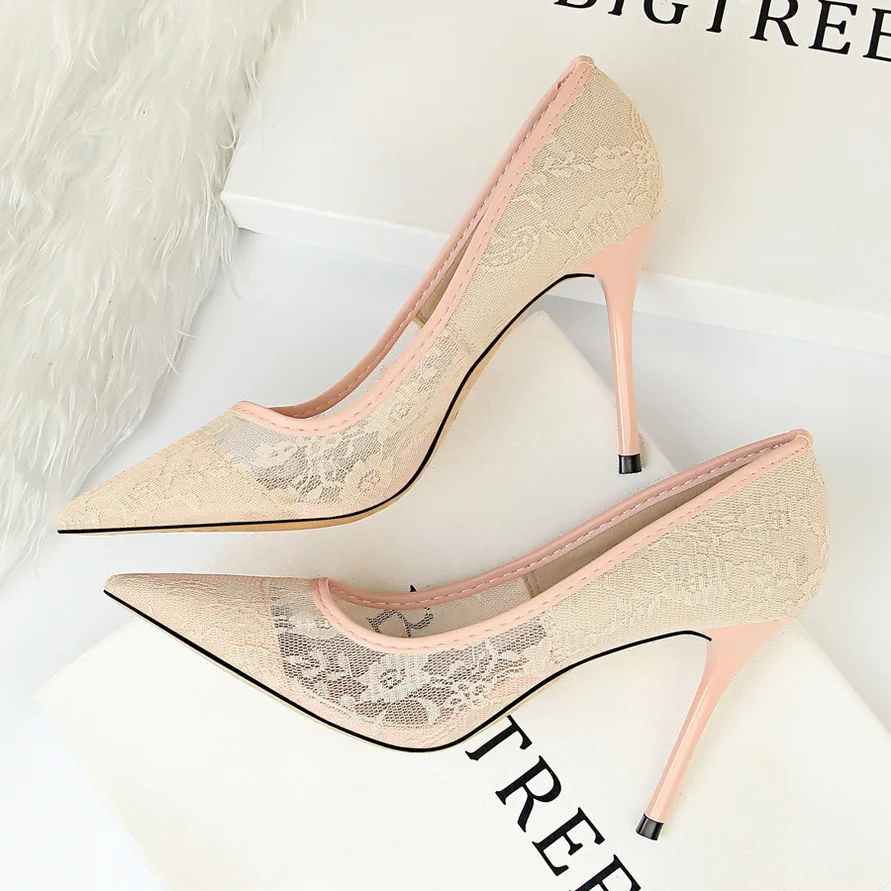 2023 new sexy thin high heels women's shoes fine heel high heel shallow mouth pointed head mesh hollow lace single shoes
