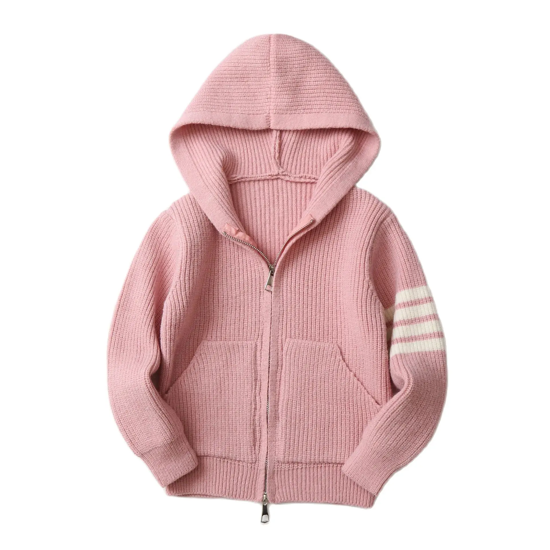 

2024New Children's Sweater For Girls Cardigan Hooded Striped Casual Cotton Cashmere Sweater Outdoor Clothes Autumn Kids Knitwear