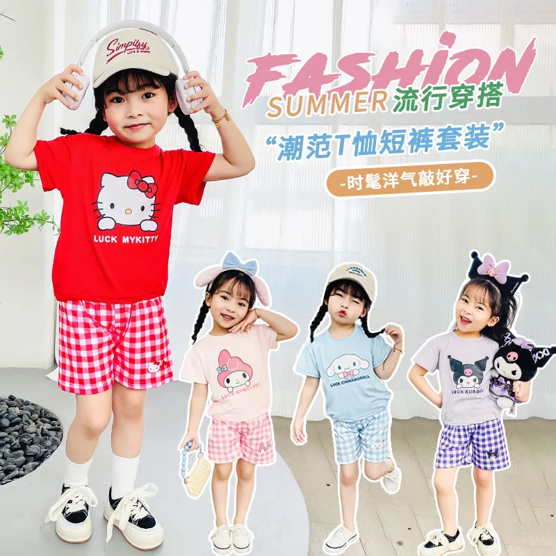 

Kawaii Sanrio Summer Kids Suit Kuromi Cinnamoroll Hello Kitty My Melody Anime Pajamas Girl Pants Clothes Set Children Nightgown