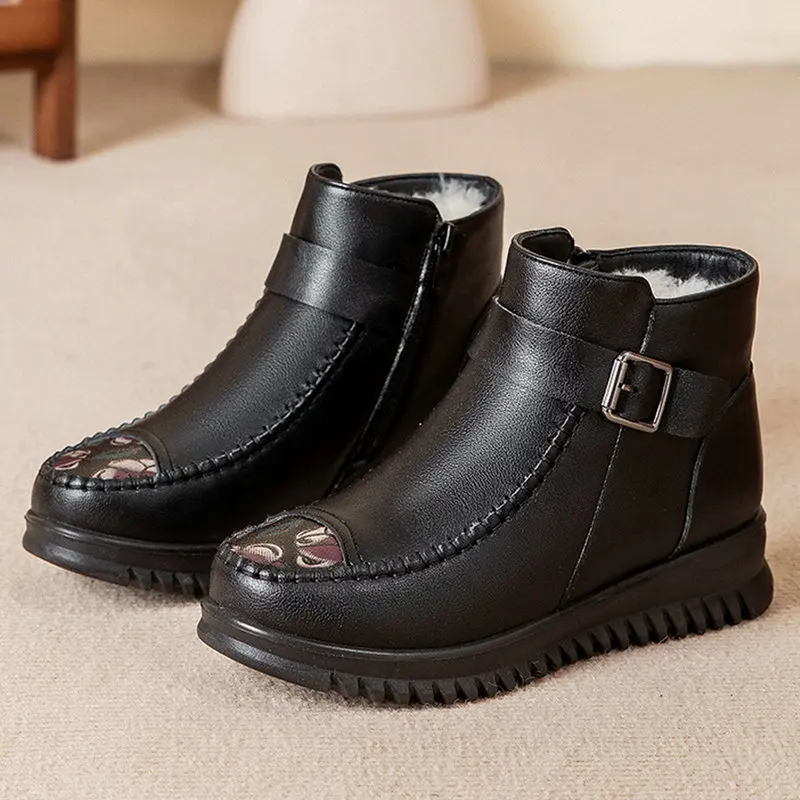 Autumn Winter Genuine Leather Flat Ankle Boots For Women Warm