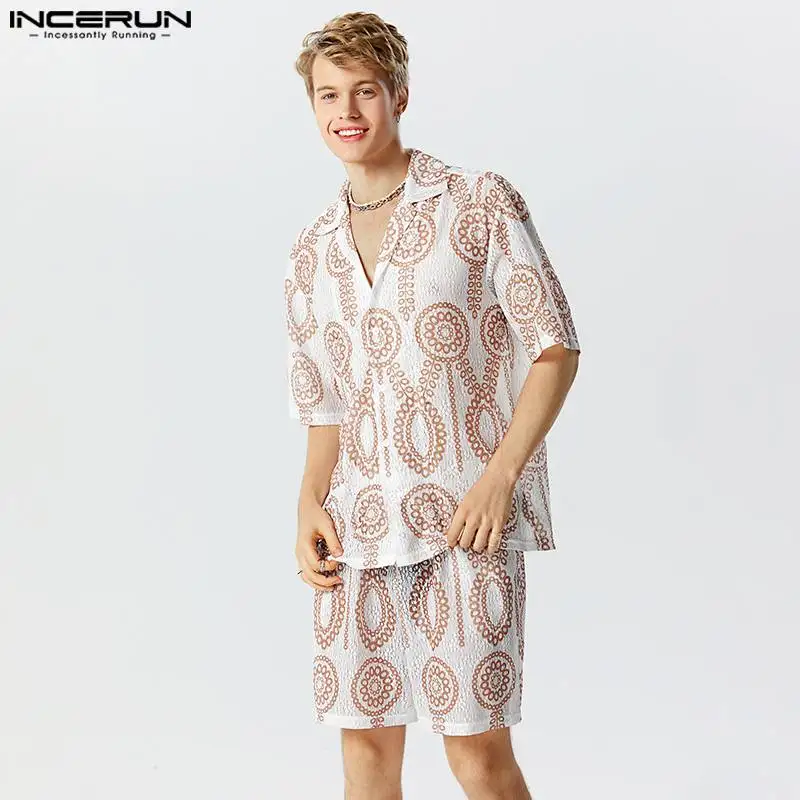 

Summer Casual New Men's Sets INCERUN Short Sleeved Shirts Shorts Fashionable Male Tracery Lace Printed Two-piece Sets S-5XL 2023