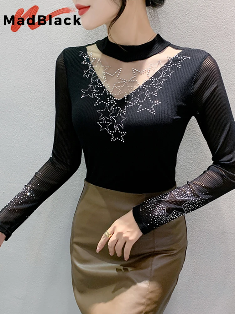 

MadBlack European Clothes Tshirt Women Sexy Round Collar Hollow Out Hot Drill Slim Knit Tops Long Sleeve Tees Autumn T39751JD