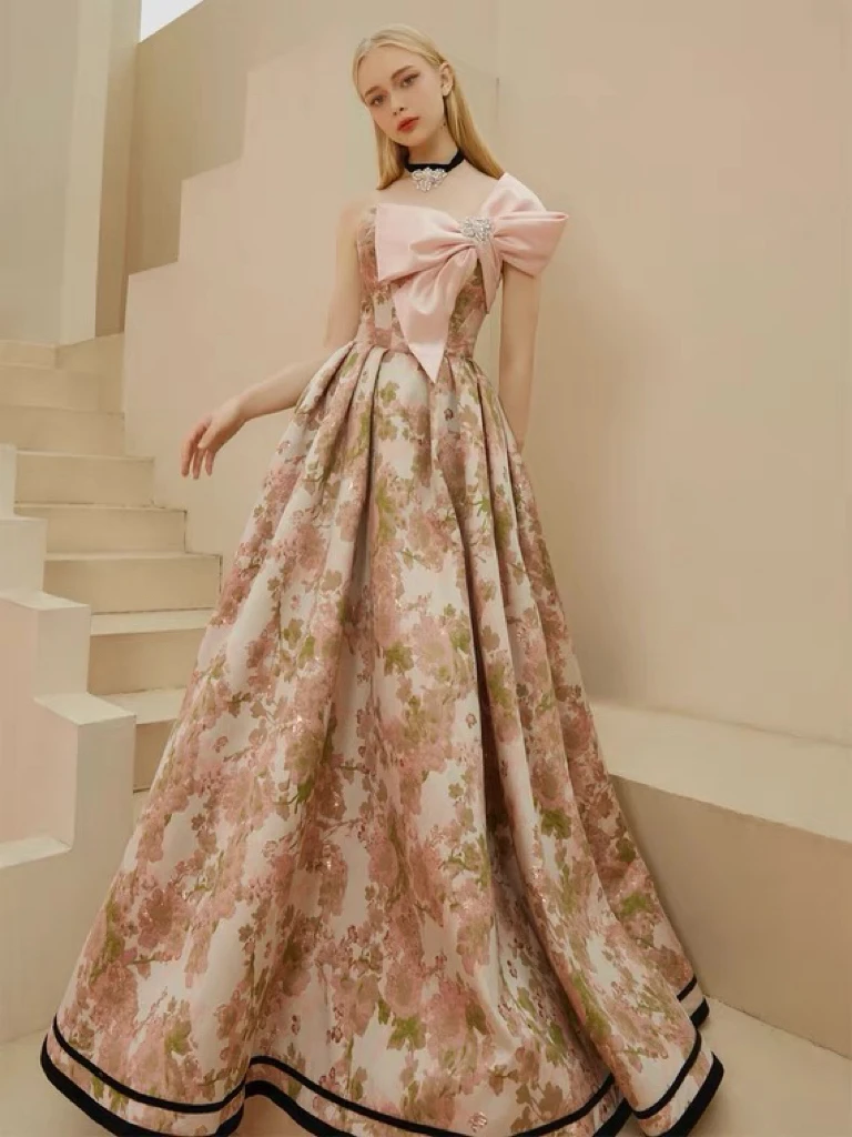 Gorgeous Strapless Evening Dresses Floral Print French Style With Bow Fairy Crystal A-line Prom Party Gowns Woman Vestido 2024