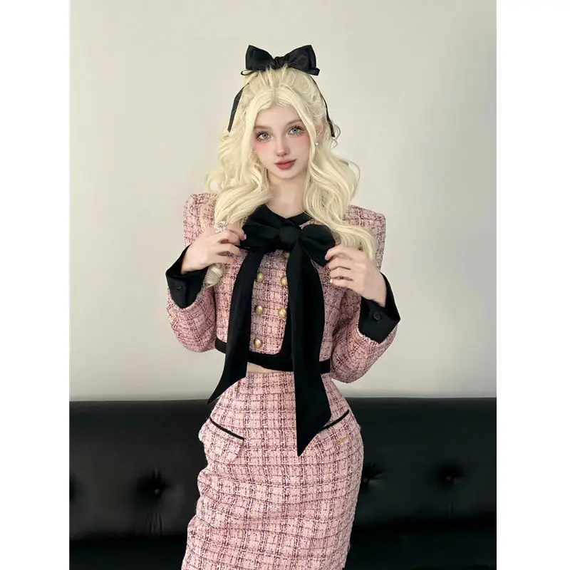 Conjunto de dos piezas elegante de moda coreana para otoño e invierno, chaqueta corta, abrigo, falda midi de cintura alta, conjuntos de lujo.