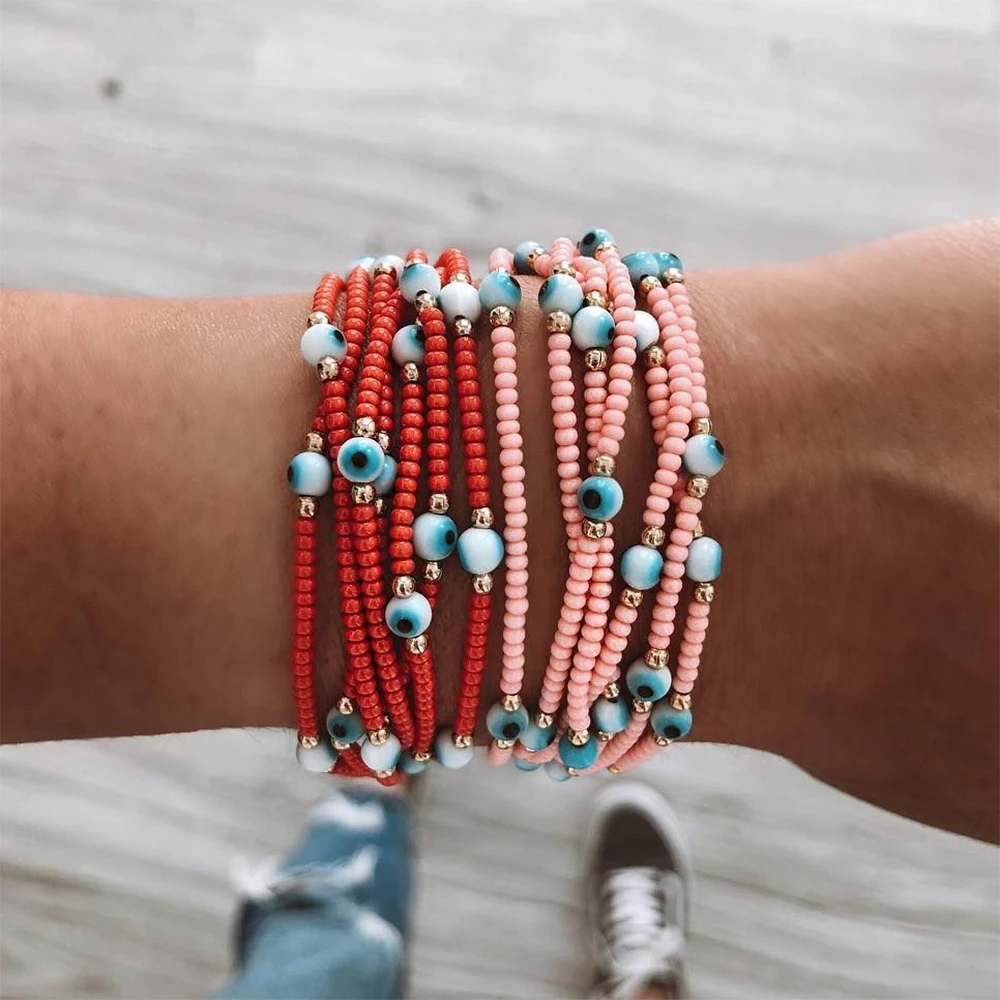 KKBEAD Handgefertigtes Armband für Frauen, böser Augenschutz, stapelbare Armbänder, Miyuki-Perlen, verstellbar, mehrschichtig, Schmuck, Geschenk