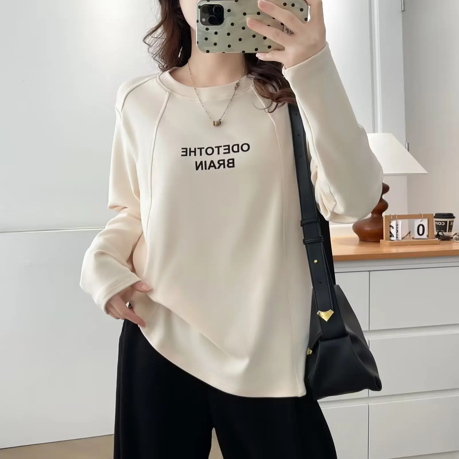 XXXXL Fashion Plus Size Women's T-Shirt Autumn And Winter New Simple Warm De Velvet Patchwork Printed Letter Tops 2559