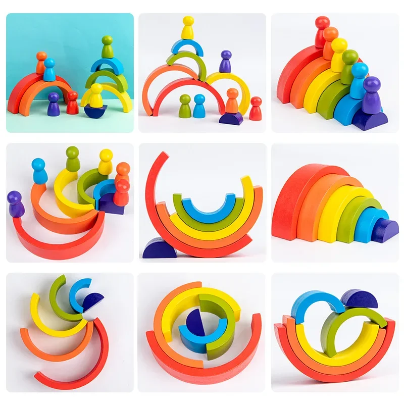 3D Early Childhood Education Montessori Toys Baby Wooden Building Block BPA Free Rainbow Block Baby Newborn Toddler Puzzle Gifts