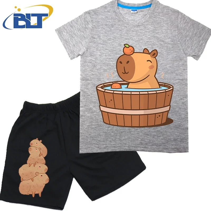 Capybara in hot tub printed kids T-shirt set summer pure cotton short-sleeved shorts 2-piece set for boys and girls