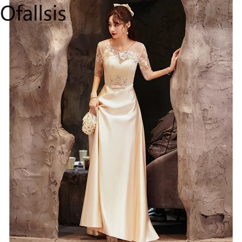 

Ofallsis Chinese Style O neck Half Sleeve Embroidery Bridesmaid Dress 2023 Autumn New Cheongsam Champagne Sisters Group Dresses