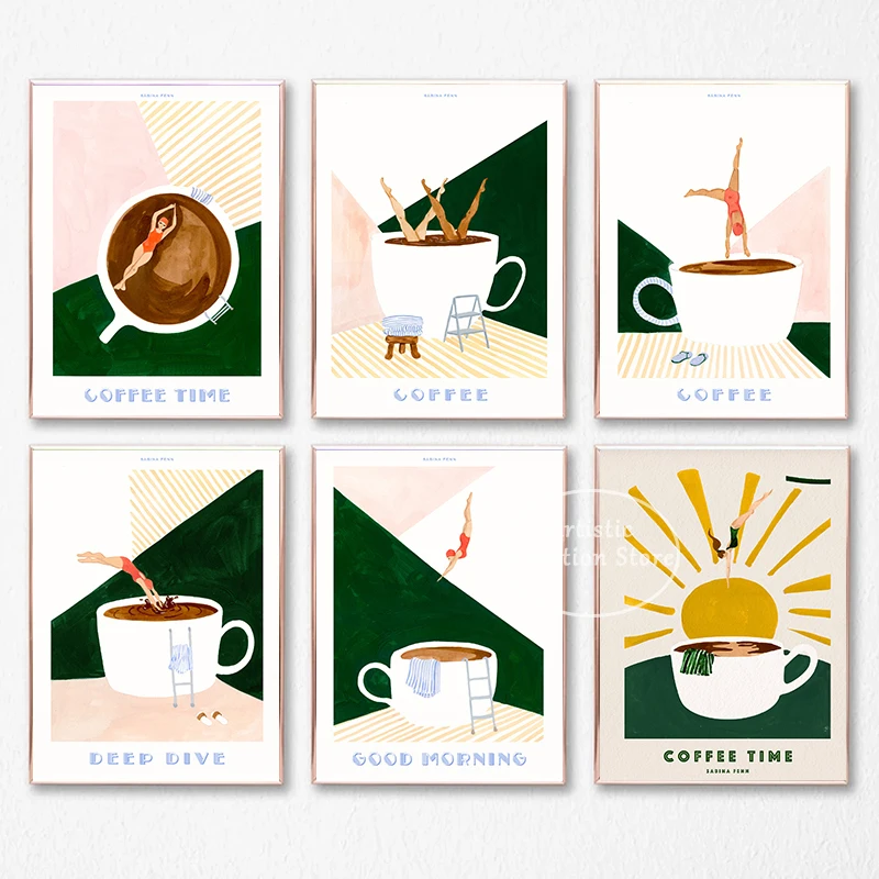 Retro Coffee Diver Art Poster Coffee Sunshine Prints Canvas Painting Art Nordic Room Wall Picture Kitchen Room Bar Home Decor