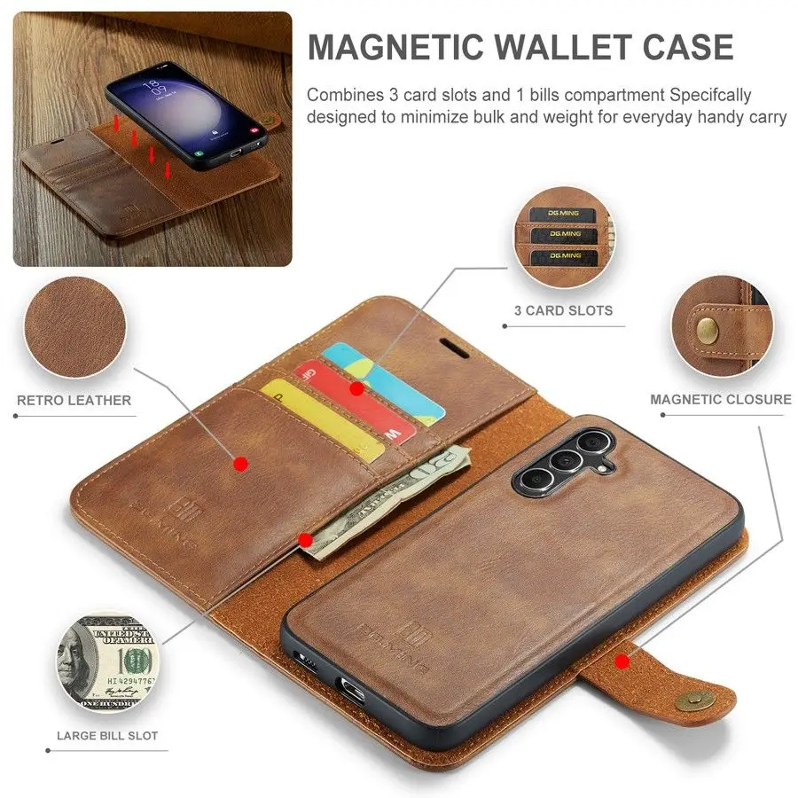 Detachable Magnetic Leather Wallet Case with Removable Flip Cover
