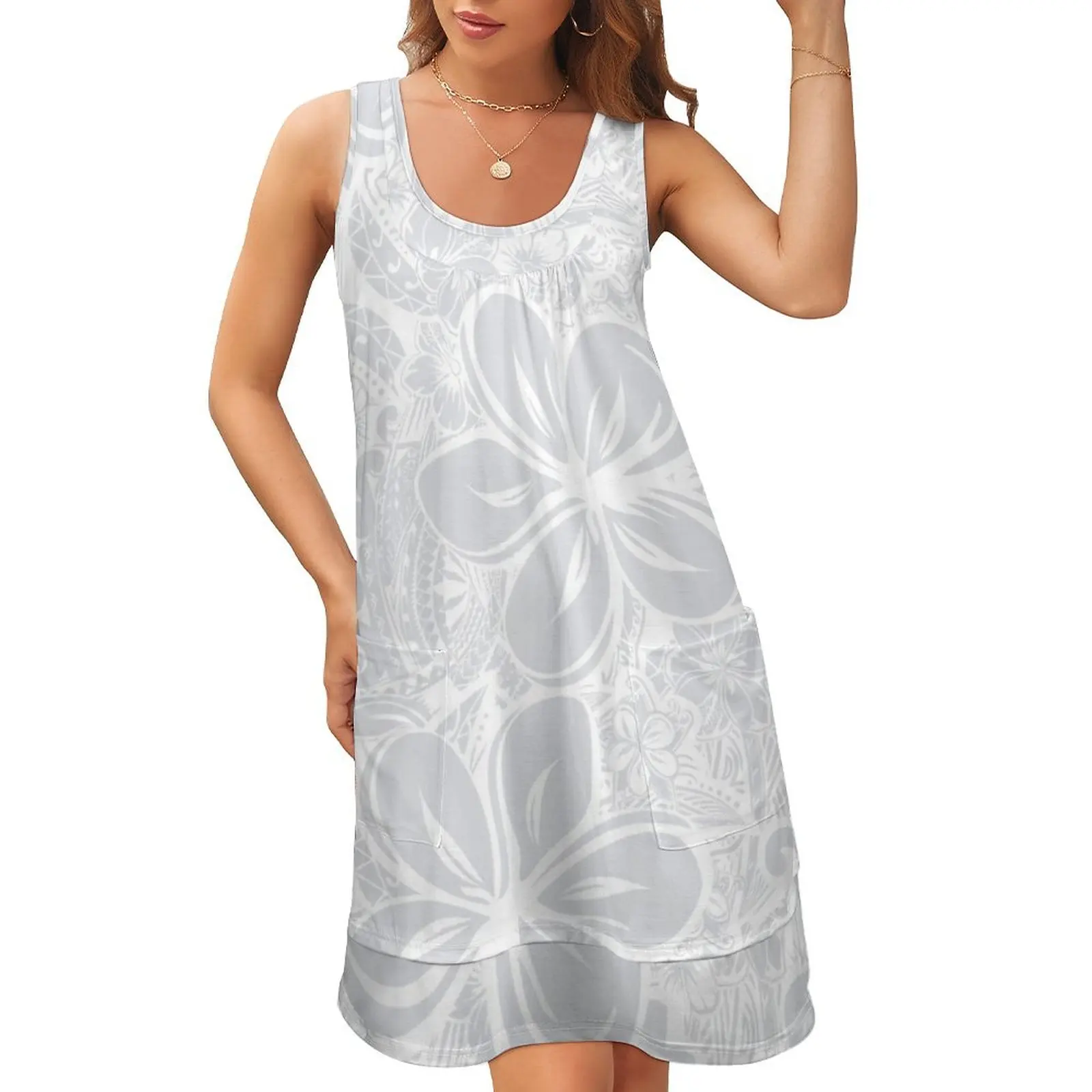 

Maui Polynesian Silver Wedding Sleeveless U-Neck Fake Two Piece Dress ladies dresses for women 2024 dresses for womens