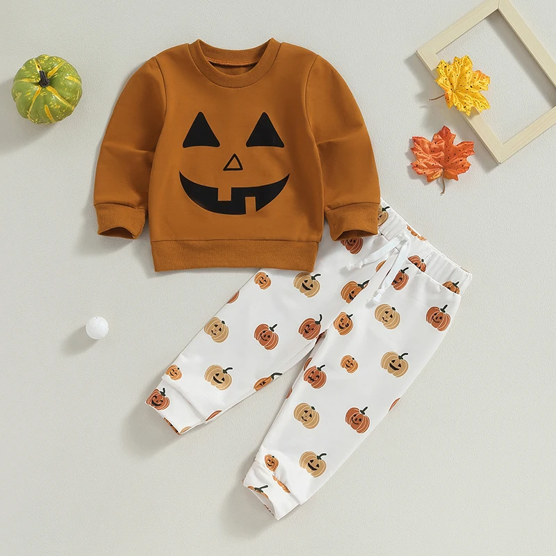 

2023-07-21 Lioraitiin 0-3Years Baby Girl 2Pcs Halloween Outfits Long Sleeve Pumpkin Face Print Sweatshirt Tops Long Pants Set