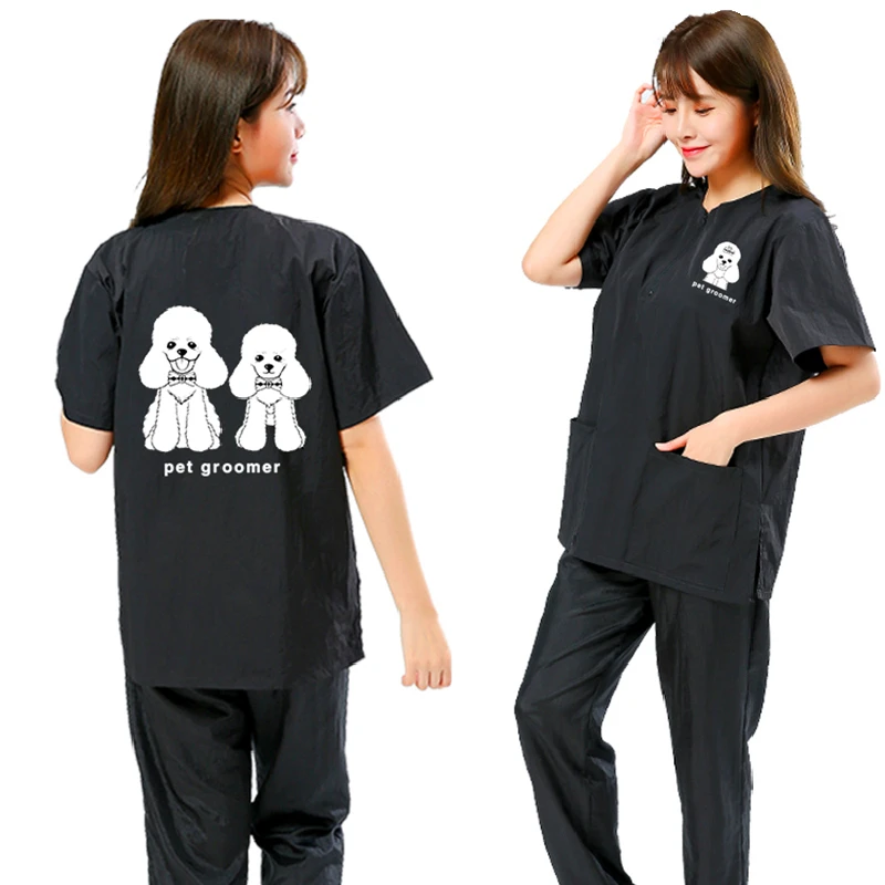Pet Dog Grooming Clothing Short Sleeve Tops Pet Shop Uniforms Anti Hair Apron Anti Static Smock Breathable Work Clothes Y0930 4