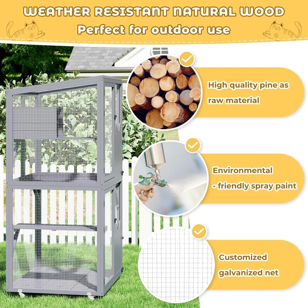 Outdoor Cat Enclosure Window Access, Outdoor Cat House with Wheels, Cage for Cats Indoor
