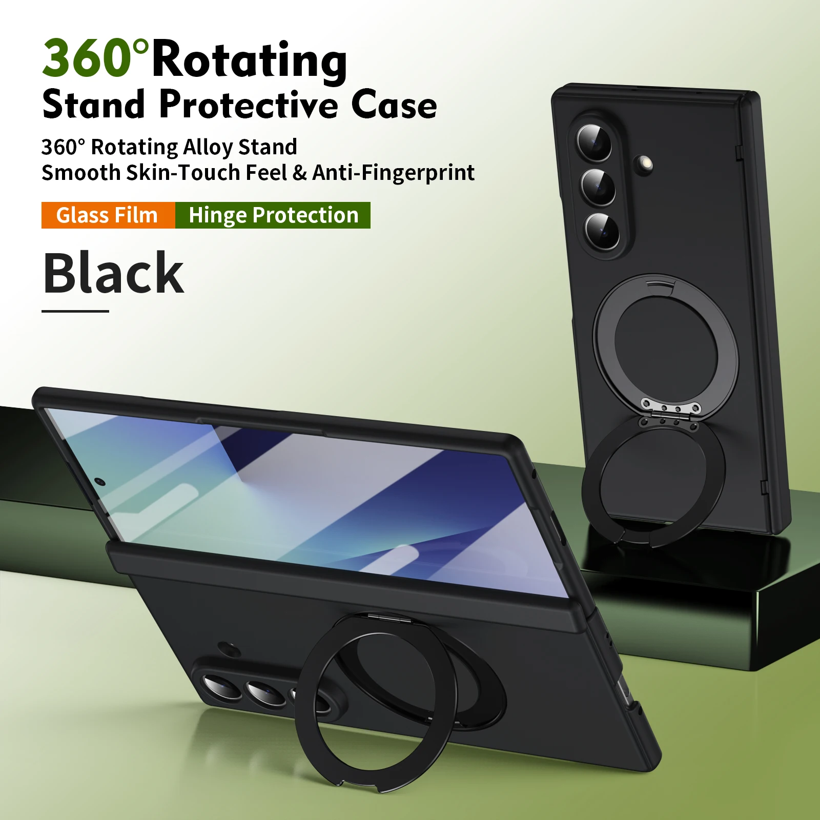Premium Anti-Fall Foldable Phone Case with Full Body Glass Protection & Kickstand Ring