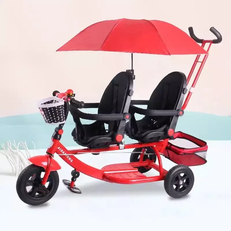Twin Children's Handcart Size Two Front and Rear Seats Baby Bicycle Twin Can Sit and Lie Down Baby Stroller Divine Tool