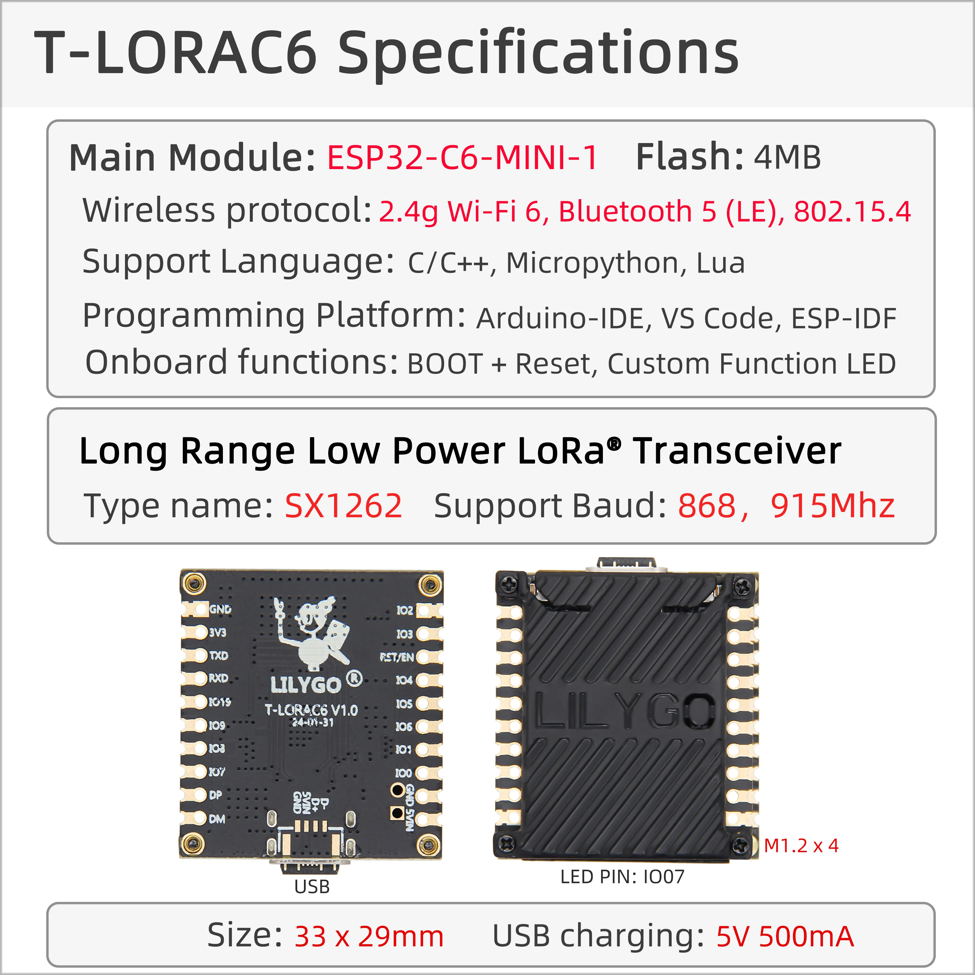® T-LoRaC6 Main ESP32-C6 LoRa Module SX1262 868MHz 915MHz LoRaWAN Long Range Low