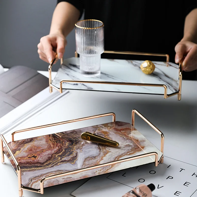 

European Marble Pattern Tea Tray Glass Tea Cup Food Jewelry Cosmetic Storage Tray Modern Home Bedroom Rectangular Desktop Rack
