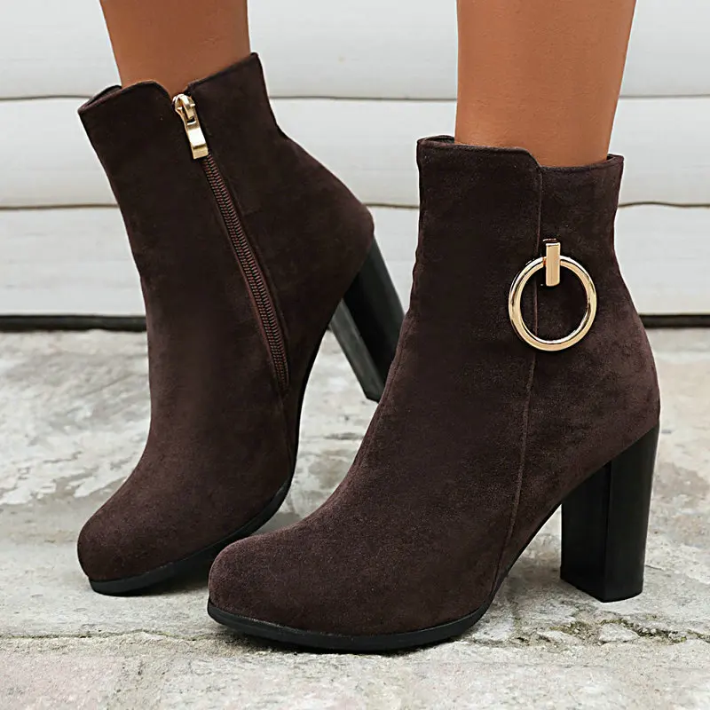

Faux Nubuck Suede Leather Sexy Womens Heels Boots Large Size 34-47 Block High Heeled Black Ankle Modern Booties With Metal Ring