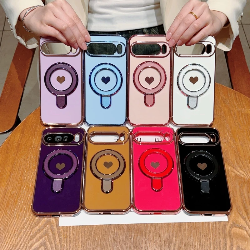 Enhanced Love Heart Bracket Phone Case with Plating Finish and Magsafe Compatibility