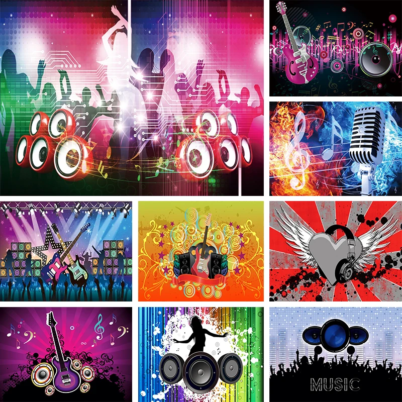 

Disco Party Backdrop Happy Birthday Dance Music Drums Concert Stage Guitar Bass Neon Night Photography Background Decor Banner