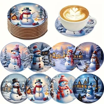 The 8-piece Christmas Snowman series patterned wooden printed coasters and anti-slip pads are suitable for Christmas gifts 1