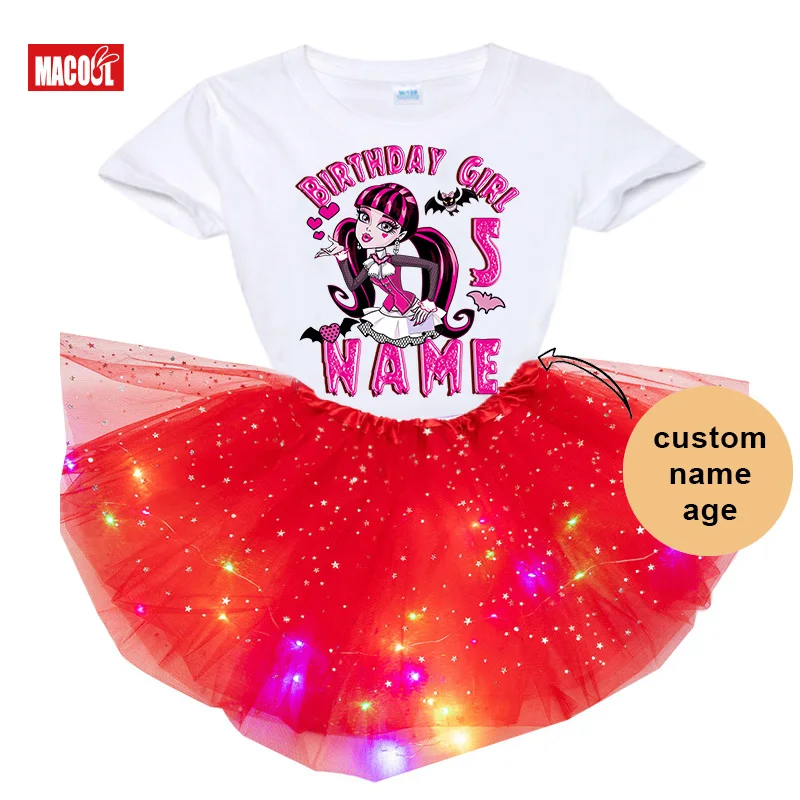 thumbnail image 1 of Conjunto de tutú y vestido para cumpleaños de niñas, traje de fiesta de cumpleaños de Monster High Boll, vestido ligero para fiesta de niñas, falda de 5 años, manga larga, 1 of 5