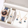 5PCS Blue Women Watch Fashion Light Luxury Butterfly Element Dial Quartz Wristwatch Leather Strap Watch Jewelry Set Gift For Her 1