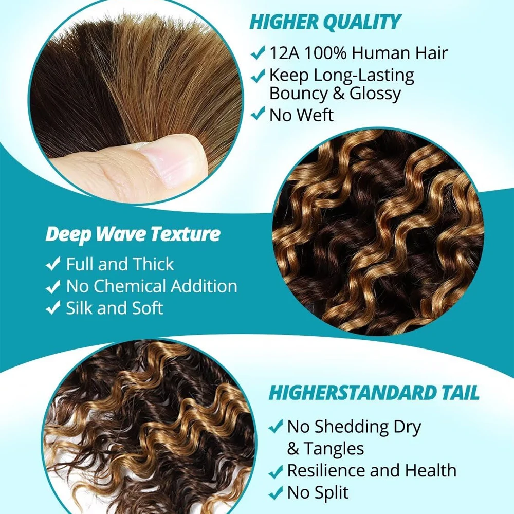 Brown highlights 150g Human Braiding Hair Bulk Deep Wave Knotless Braiding Hair Extensions Long Lasting Soft for Braids #4/27 4