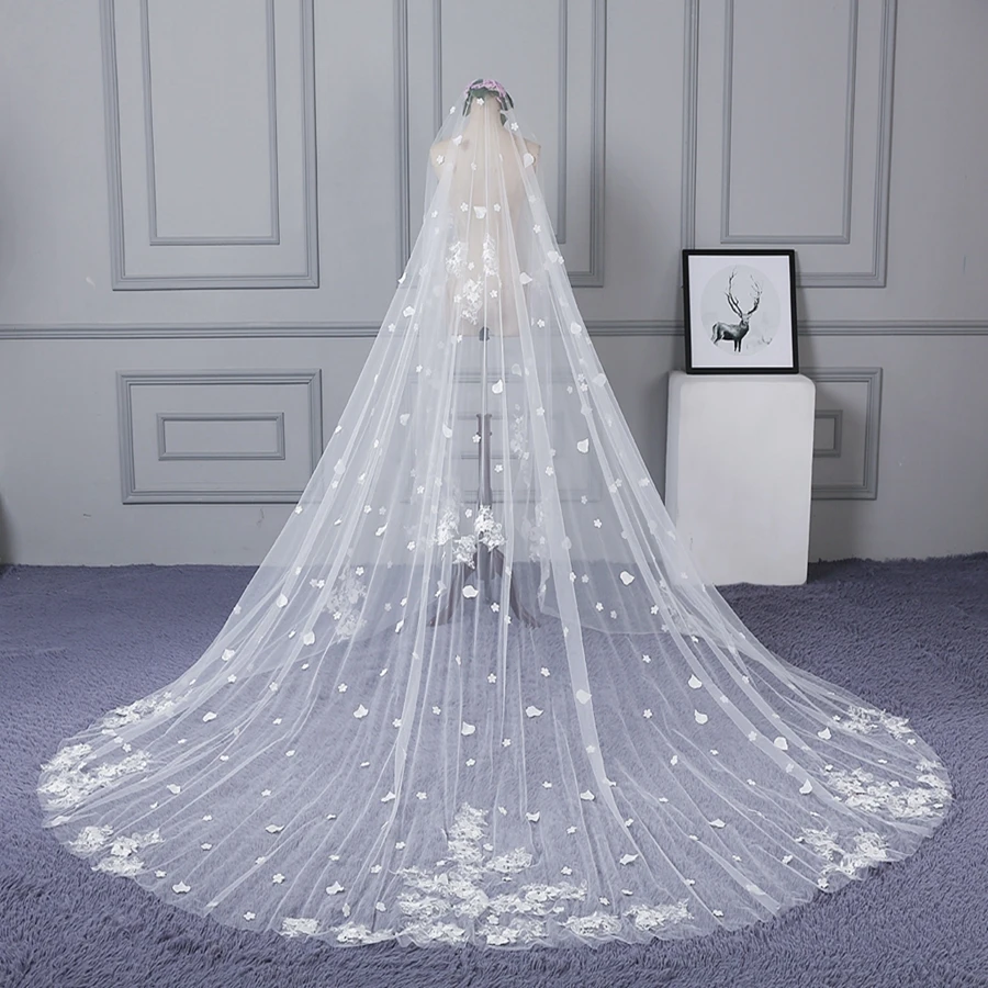 

New Arrival White Ivory Cathedral Wedding veils Lace Applique Bride veils for women wedding accessoires velos novia 2023