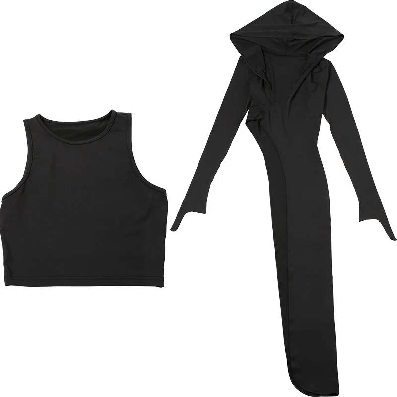 Solid Hooded 2 Piece Tops Women All-matches Classic Lengthen Split Pullover+Crop Tanks Female Fashion Unique Streetwear