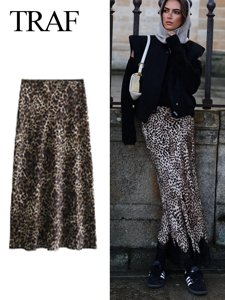 TRAF 2024 New Women Fashion Vintage Animal Striped Printed Silk Texture Slim Midi Skirt High Waist