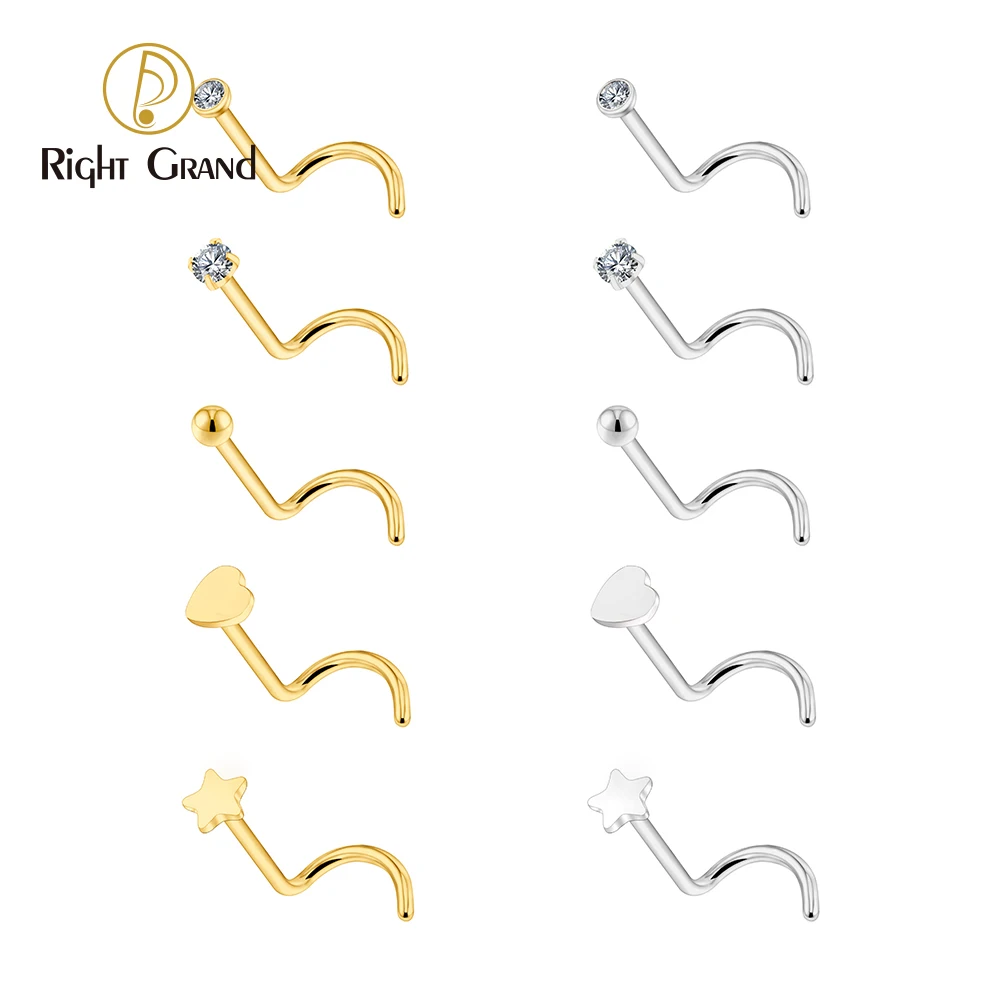Nose Stud Ring Right Grand ASTM F136 Titanium 20G Hypoallergenic CZ/Ball/Heart/Star Corkscrew Nostril Body Piercing Jewelry