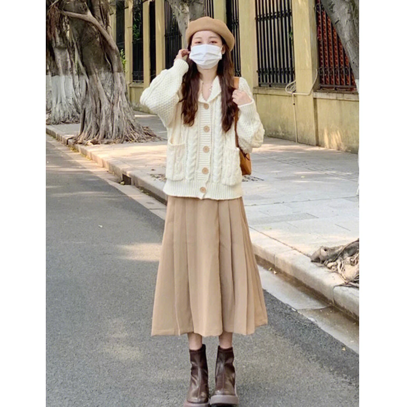 Autumn Women Graceful Button Sweater Cardigan Skirts Two Piece Set Korean Lady Knit Jackets Midi Skirt Outfits 2023 New Knitwear
