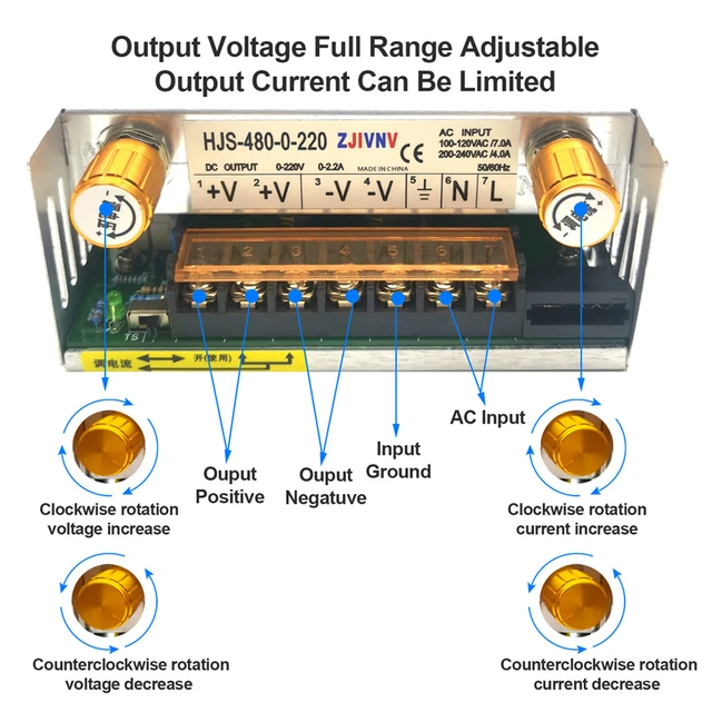  Fuente de alimentación conmutada Voltaje ajustable DC 5V 12V  24V 36V 48V 60V 80V 120V 160V 220V 480W Fuente de alimentación  Transformador 110/220VAC (0-12V 40A) : Electrónica