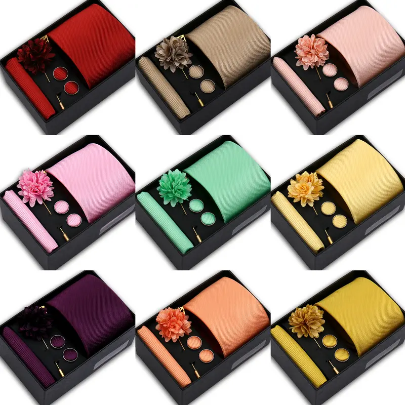 Top Quality Solid color Ties Hanky Cufflinks Brooch Set Elegant Jacquard Necktie For Men Business Wedding In Gift Box Gravatas - Image 6
